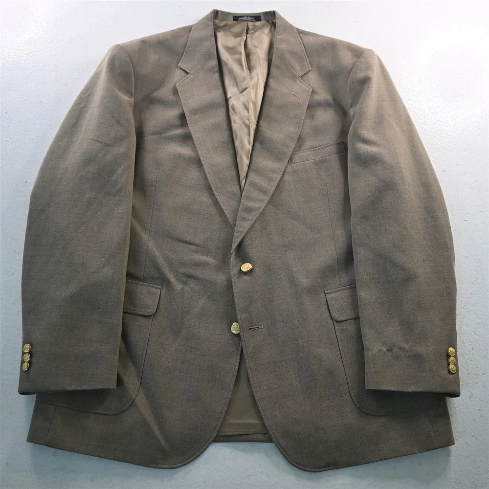 Vtg Stafford 48L Brown Gold Button‎ Hopsack Mens Blazer Suit Jacket Sport Coat